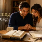 A Catholic married couple prays beside an open Bible, rosary, and fertility journal, illustrating Natural Family Planning Catholic teaching in a peaceful family home.