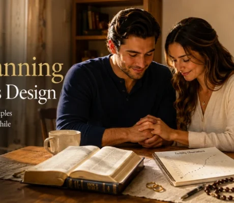 A Catholic married couple prays beside an open Bible, rosary, and fertility journal, illustrating Natural Family Planning Catholic teaching in a peaceful family home.