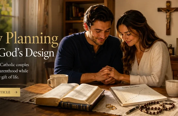 A Catholic married couple prays beside an open Bible, rosary, and fertility journal, illustrating Natural Family Planning Catholic teaching in a peaceful family home.