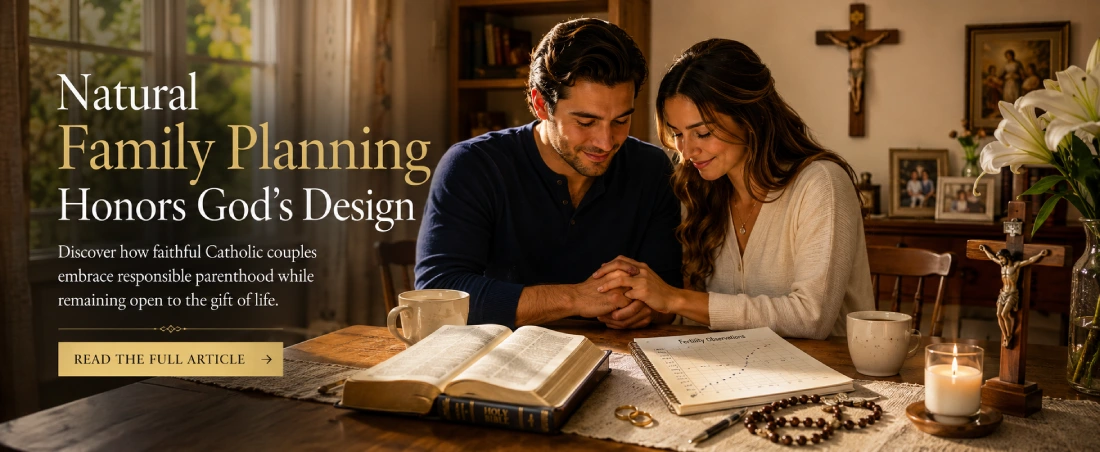 A Catholic married couple prays beside an open Bible, rosary, and fertility journal, illustrating Natural Family Planning Catholic teaching in a peaceful family home.