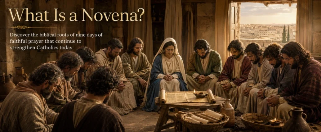 The Blessed Virgin Mary and the Apostles pray together in the Upper Room, illustrating the biblical foundation of the Catholic novena before Pentecost.