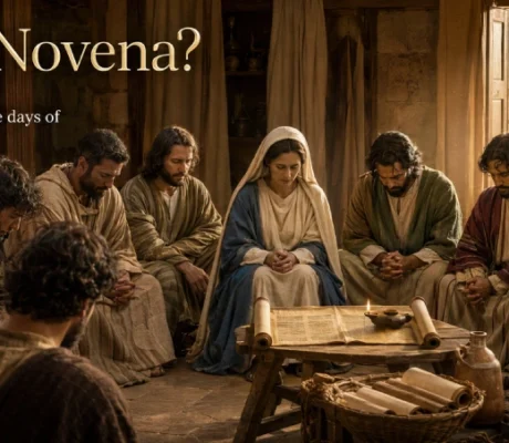 The Blessed Virgin Mary and the Apostles pray together in the Upper Room, illustrating the biblical foundation of the Catholic novena before Pentecost.