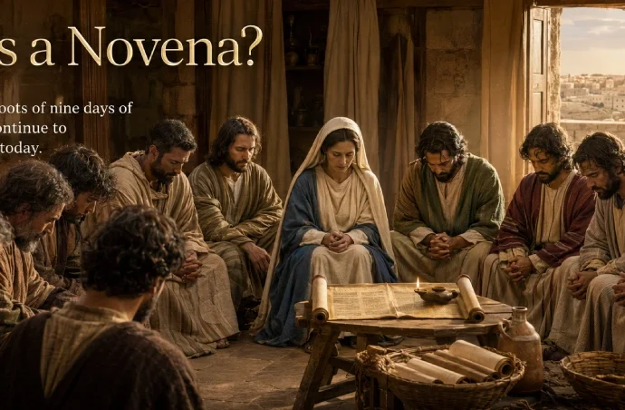 The Blessed Virgin Mary and the Apostles pray together in the Upper Room, illustrating the biblical foundation of the Catholic novena before Pentecost.