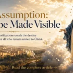 The Assumption of Mary Catholic Dogma illustrated with the Blessed Virgin Mary being assumed into heavenly glory above Jerusalem.