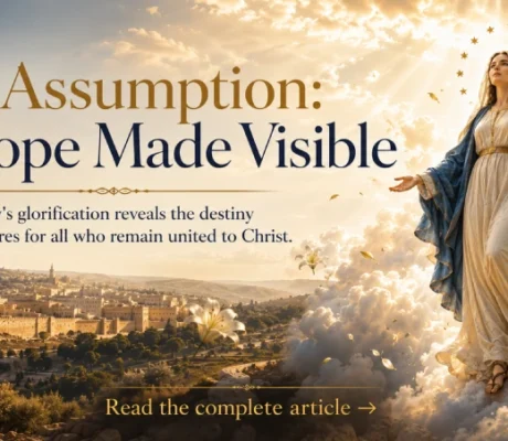 The Assumption of Mary Catholic Dogma illustrated with the Blessed Virgin Mary being assumed into heavenly glory above Jerusalem.