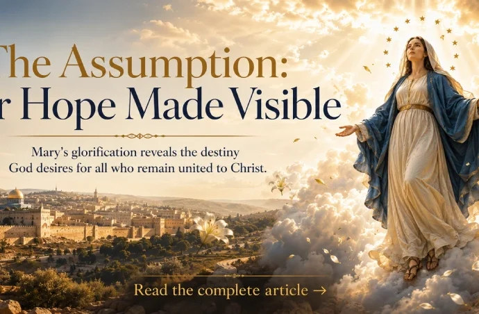 The Assumption of Mary Catholic Dogma illustrated with the Blessed Virgin Mary being assumed into heavenly glory above Jerusalem.