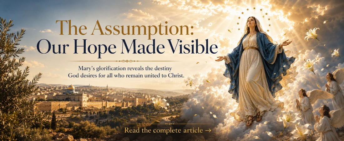 The Assumption of Mary Catholic Dogma illustrated with the Blessed Virgin Mary being assumed into heavenly glory above Jerusalem.