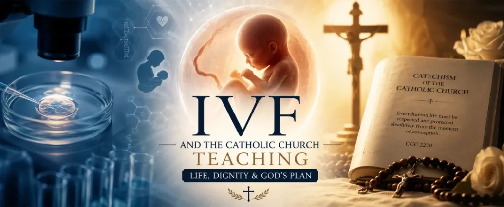 A dramatic split-scene illustration showing an IVF laboratory with a fertilized embryo on the left and a Catholic crucifix, Catechism, and rosary on the right, with an unborn baby at the center representing the Catholic Church's teaching on the dignity of human life.