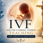 A dramatic split-scene illustration showing an IVF laboratory with a fertilized embryo on the left and a Catholic crucifix, Catechism, and rosary on the right, with an unborn baby at the center representing the Catholic Church's teaching on the dignity of human life.