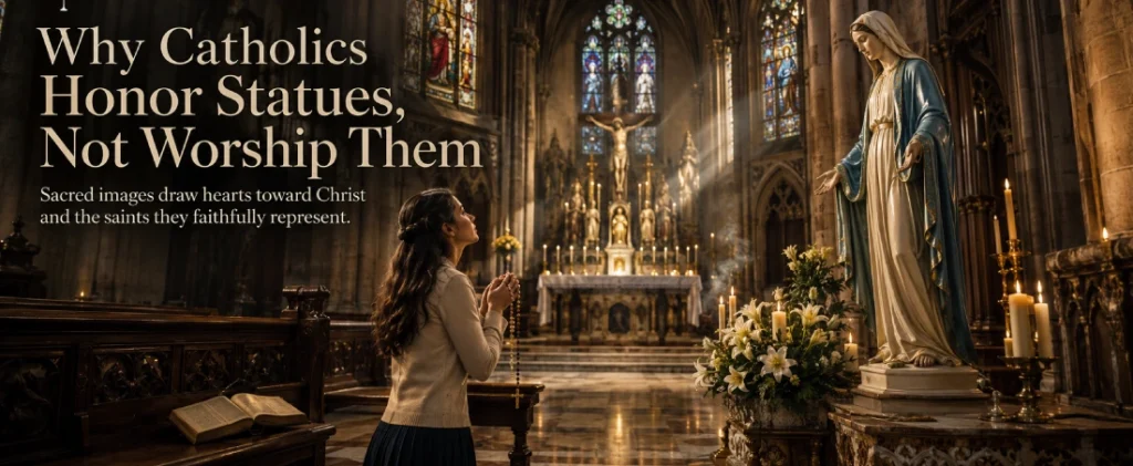 A Catholic woman prays with a rosary before a marble statue of the Blessed Virgin Mary inside a Gothic cathedral beneath a prominent crucifix.