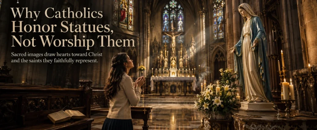 A Catholic woman prays with a rosary before a marble statue of the Blessed Virgin Mary inside a Gothic cathedral beneath a prominent crucifix.