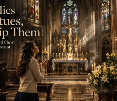 A Catholic woman prays with a rosary before a marble statue of the Blessed Virgin Mary inside a Gothic cathedral beneath a prominent crucifix.