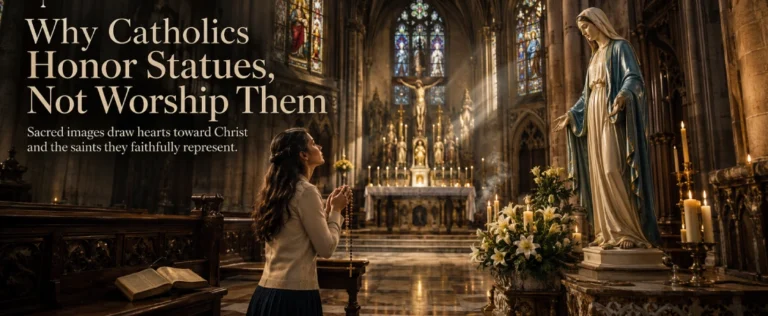 A Catholic woman prays with a rosary before a marble statue of the Blessed Virgin Mary inside a Gothic cathedral beneath a prominent crucifix.