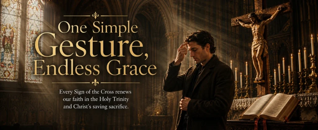 A Catholic worshipper reverently making the Sign of the Cross before a crucifix inside a Gothic church, illustrating why Catholics make the Sign of the Cross.