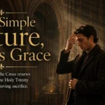 A Catholic worshipper reverently making the Sign of the Cross before a crucifix inside a Gothic church, illustrating why Catholics make the Sign of the Cross.