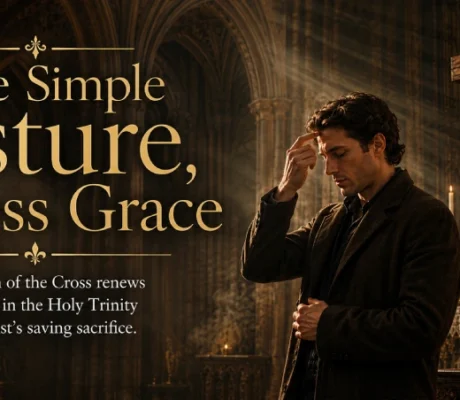 A Catholic worshipper reverently making the Sign of the Cross before a crucifix inside a Gothic church, illustrating why Catholics make the Sign of the Cross.
