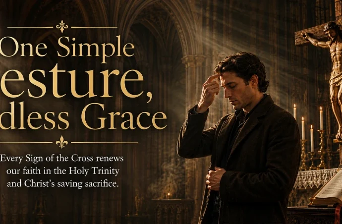 A Catholic worshipper reverently making the Sign of the Cross before a crucifix inside a Gothic church, illustrating why Catholics make the Sign of the Cross.