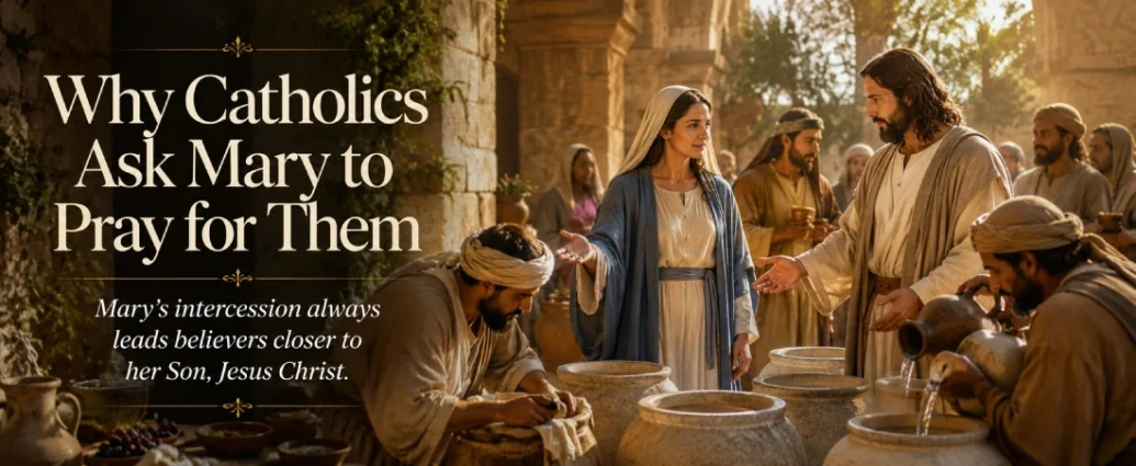 The Blessed Virgin Mary gestures toward Jesus at the Wedding at Cana, illustrating why Catholics pray to Mother Mary through her loving intercession.