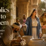 The Blessed Virgin Mary gestures toward Jesus at the Wedding at Cana, illustrating why Catholics pray to Mother Mary through her loving intercession.