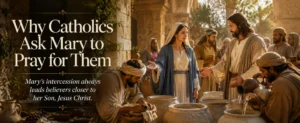 The Blessed Virgin Mary gestures toward Jesus at the Wedding at Cana, illustrating why Catholics pray to Mother Mary through her loving intercession.