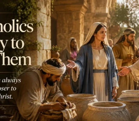 The Blessed Virgin Mary gestures toward Jesus at the Wedding at Cana, illustrating why Catholics pray to Mother Mary through her loving intercession.
