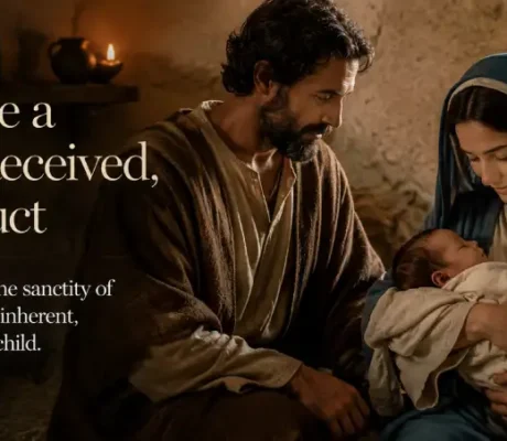 Editorial depiction of the Holy Family in Nazareth representing Catholic teaching on surrogacy and the child as a divine gift.