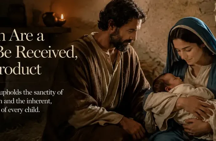 Editorial depiction of the Holy Family in Nazareth representing Catholic teaching on surrogacy and the child as a divine gift.