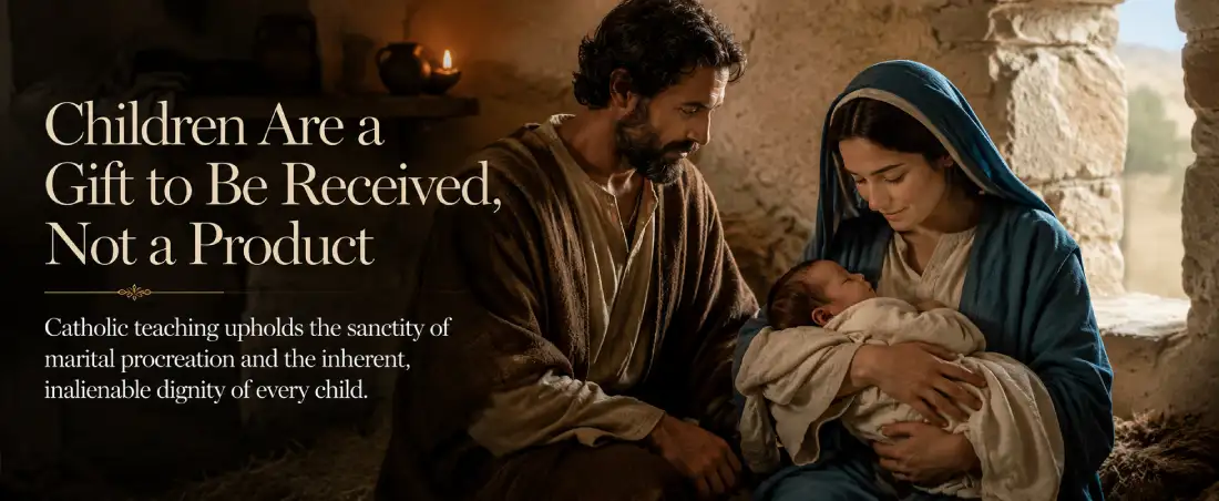 Editorial depiction of the Holy Family in Nazareth representing Catholic teaching on surrogacy and the child as a divine gift.