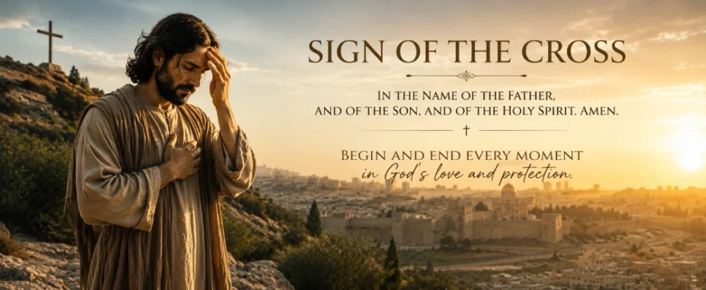 An early Christian reverently making the Sign of the Cross at sunrise overlooking ancient Jerusalem, reflecting the Sign of the Cross Prayer and faith in the Holy Trinity.