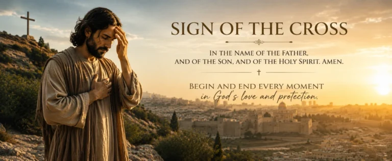 An early Christian reverently making the Sign of the Cross at sunrise overlooking ancient Jerusalem, reflecting the Sign of the Cross Prayer and faith in the Holy Trinity.