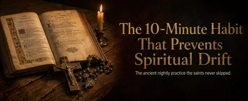 Antique Breviary, combat rosary, crucifix, and candle beside the title “The 10-Minute Habit That Prevents Spiritual Drift,” representing the Catholic nightly Examen prayer.