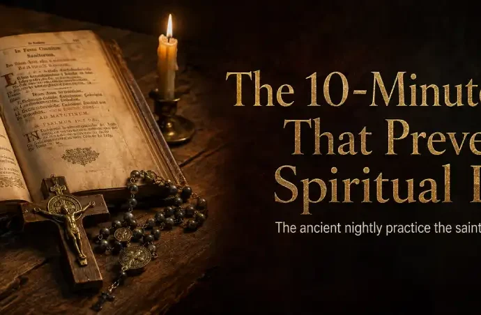 Antique Breviary, combat rosary, crucifix, and candle beside the title “The 10-Minute Habit That Prevents Spiritual Drift,” representing the Catholic nightly Examen prayer.