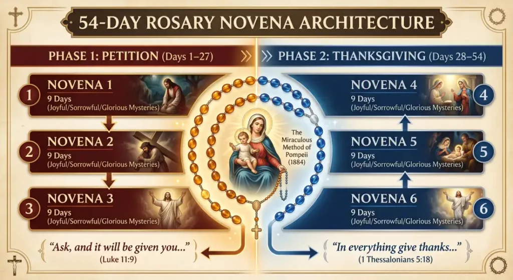 Comprehensive 54-day Rosary Novena architecture diagram illustrating the 27 days of petition and 27 days of thanksgiving across six 9-day novenas centered on Our Lady of Pompeii.