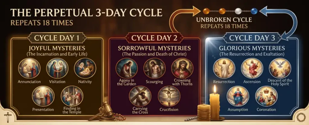 Educational diagram displaying the perpetual 3-day cycle of the 54-Day Rosary Novena, showing the daily rotation through the Joyful, Sorrowful, and Glorious mysteries across 18 total repetitions.
