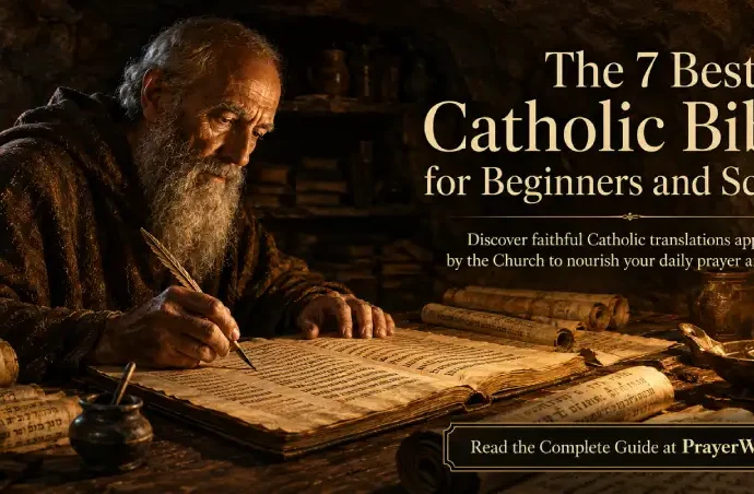 St. Jerome studying Scripture in his Bethlehem cave while writing a Latin manuscript