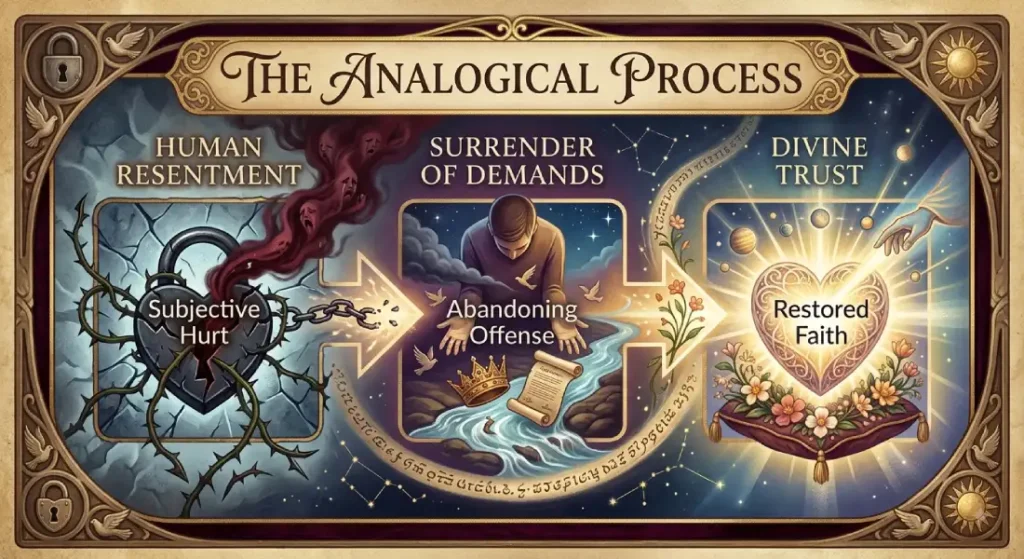 A three-panel diagram showing the analogical process: Human Resentment (Subjective Hurt), Surrender of Demands (Abandoning Offense), and Divine Trust (Restored Faith).