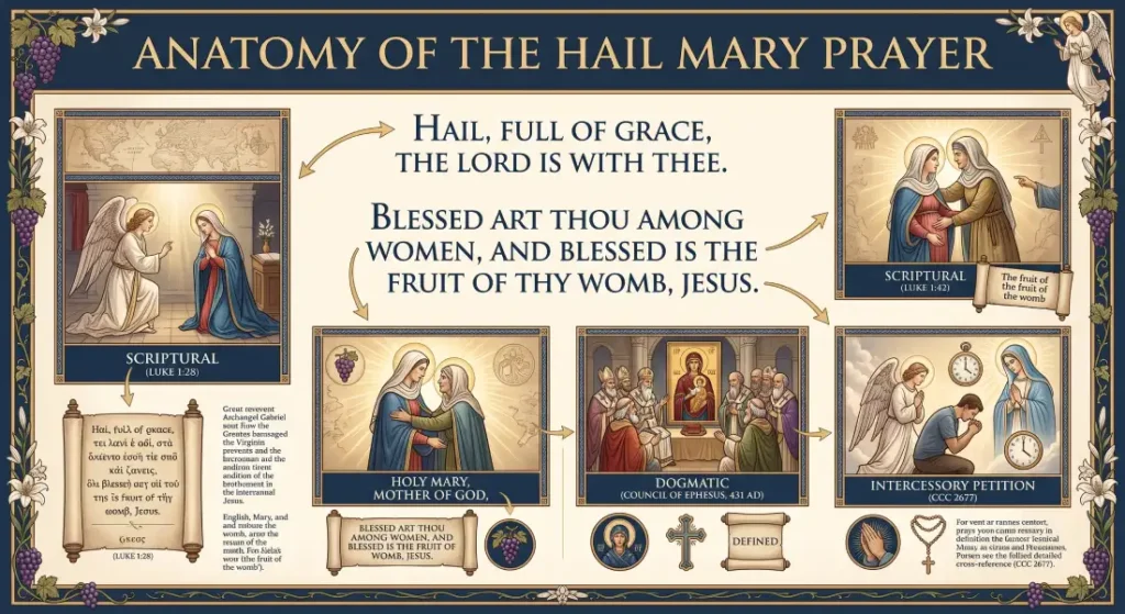 Educational infographic breaking down the Hail Mary prayer into its Scriptural roots, dogmatic definition from Ephesus, and intercessory petition.