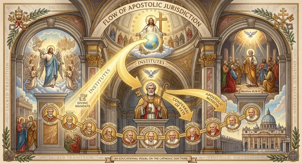 Educational flowchart showing the flow of Apostolic Succession from Jesus Christ as Divine Head to Saint Peter as Visible Head and the Bishops of Rome.