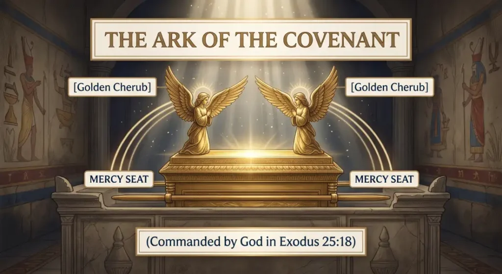 Illustration of the Ark of the Covenant showing the golden cherubim and the Mercy Seat commanded by God in Exodus 25:18.
