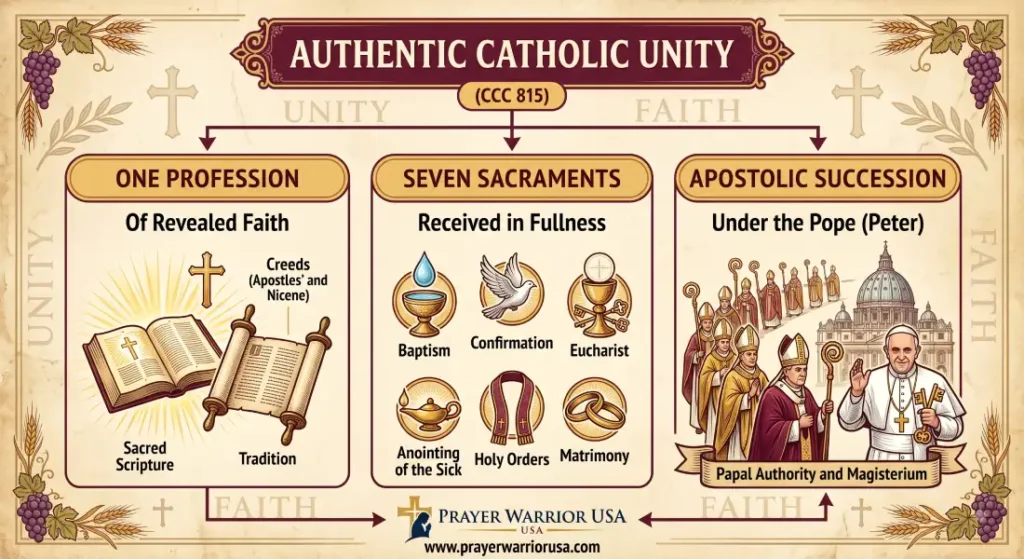 Educational diagram illustrating Authentic Catholic Unity according to CCC 815, featuring the three pillars: One Profession of Faith, the Seven Sacraments, and Apostolic Succession under the Pope.