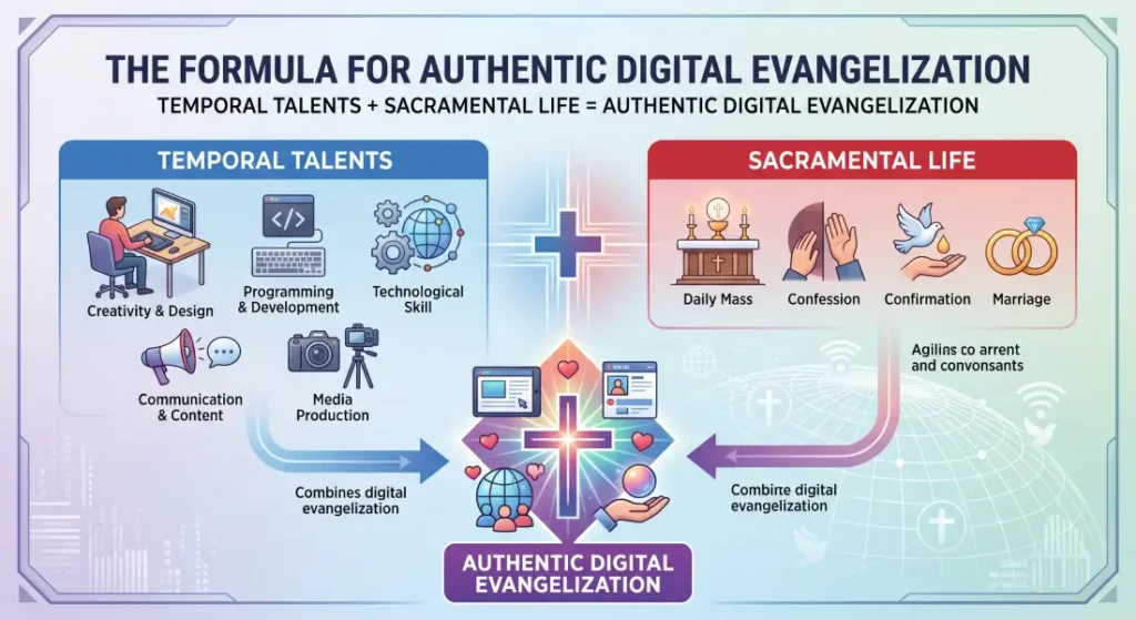 Formula for authentic digital evangelization combining temporal talents like coding with sacramental life and the Eucharist.