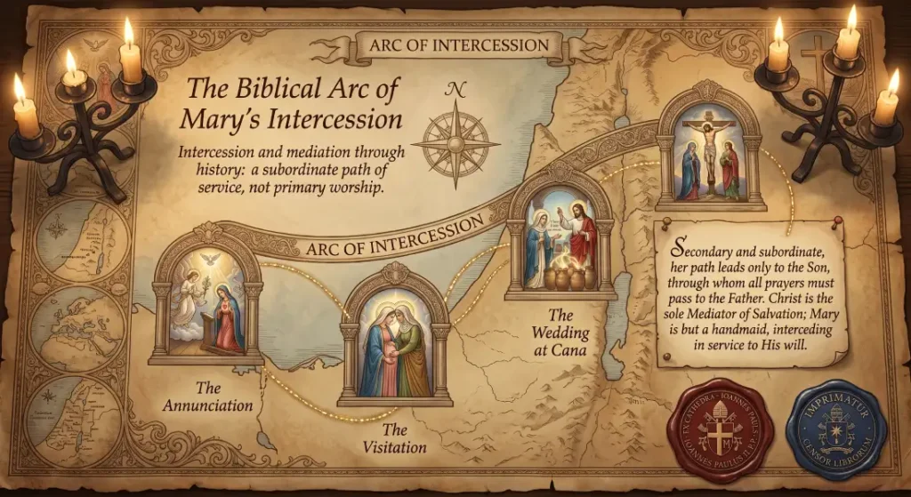 Infographic illustrating the biblical arc of Mary's intercession through the Annunciation, Visitation, Wedding at Cana, and the Cross.