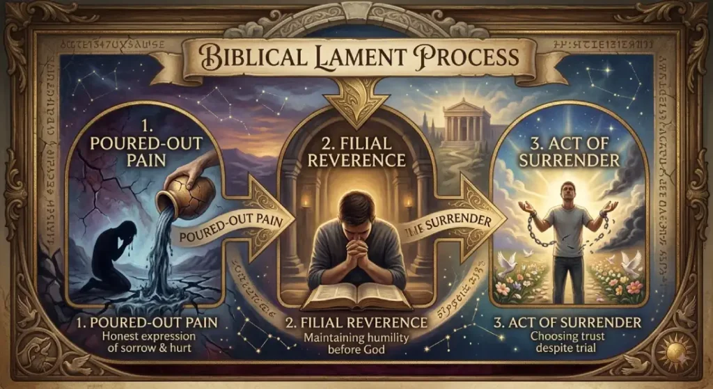 A detailed diagram illustrating the Biblical Lament Process in three stages: Poured-Out Pain, Filial Reverence, and Act of Surrender, showing the journey from sorrow to restored faith.