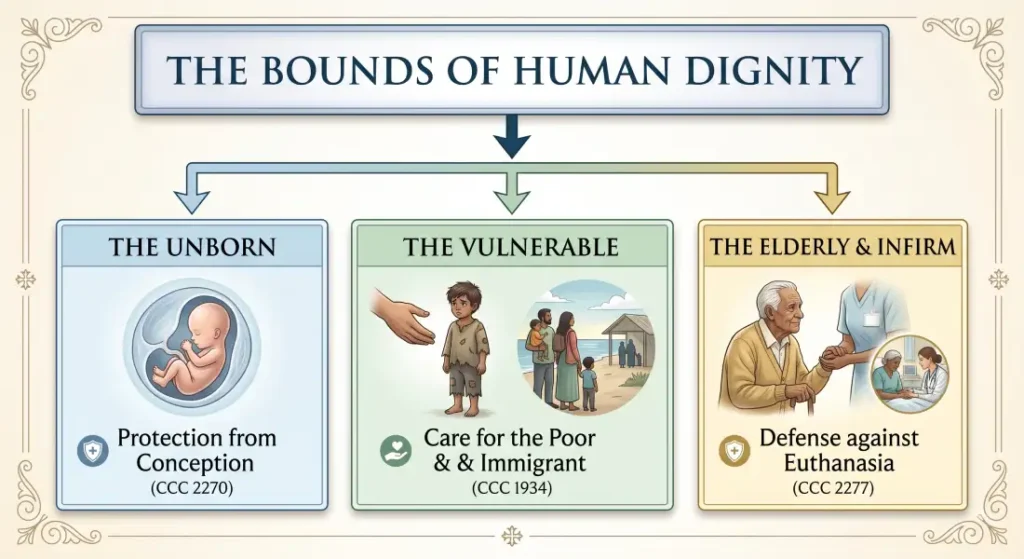 Chart outlining the Bounds of Human Dignity: protection of the unborn (CCC 2270), care for the poor and immigrant (CCC 1934), and defense of the elderly (CCC 2277).
