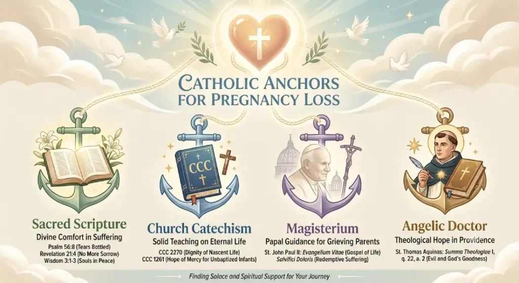 Infographic displaying Catholic anchors for pregnancy loss including Sacred Scripture, CCC 2270, CCC 1261, and St. Thomas Aquinas.