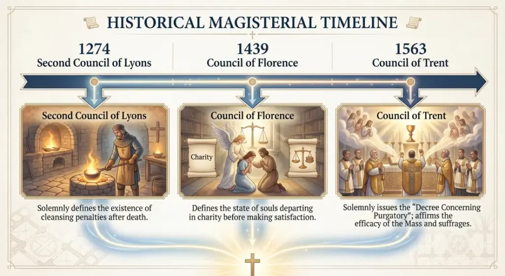 Historical Magisterial Timeline illustrating Catholic Church Councils on Purgatory: 1274 Second Council of Lyons on cleansing penalties, 1439 Council of Florence on departed souls, and 1563 Council of Trent Decree Concerning Purgatory.