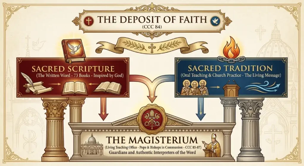 alt_text: "Catholic Deposit of Faith diagram showing Sacred Scripture, Sacred Tradition, and the Magisterium