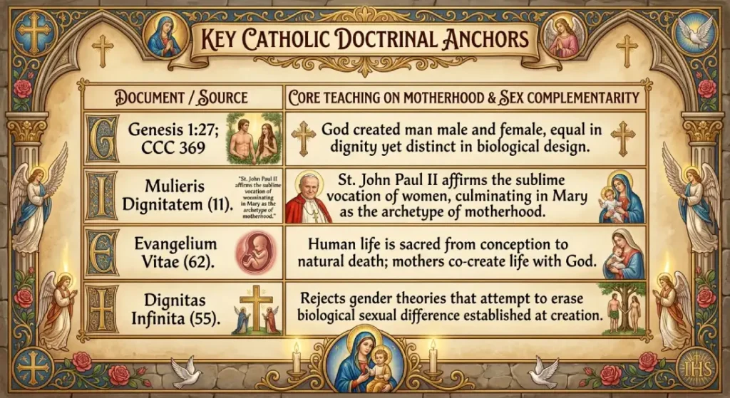Table titled Key Catholic Doctrinal Anchors listing Church teachings from Genesis, Mulieris Dignitatem, Evangelium Vitae, and Dignitas Infinita on motherhood and sex complementarity.