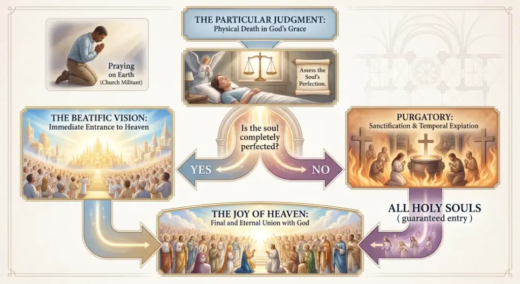 Infographic detailing the Catholic doctrine on Purgatory: showing the path from Physical Death and Particular Judgment to either immediate Beatific Vision (Heaven) or the path through Purgatory (Purification and Temporal Expiation) to reach the Joy of Heaven.