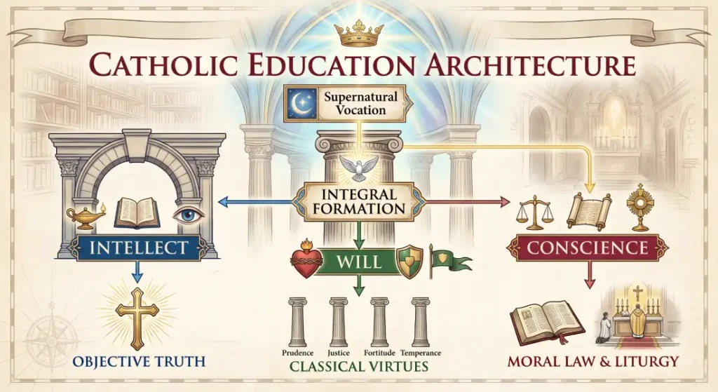 Catholic Education Architecture diagram illustrating integral formation, intellect, will, and conscience rooted in objective truth and classical virtues.